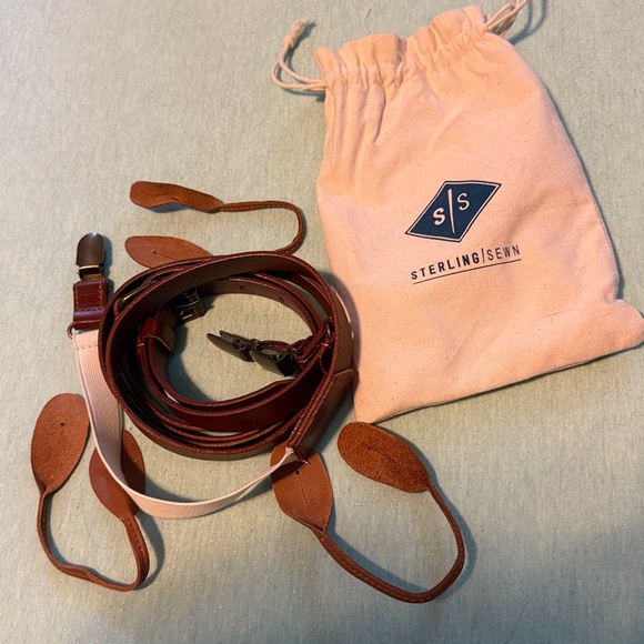 Sterling Sewn leather suspenders with clips & button attachment and dust bag NEW - Picture 1 of 11